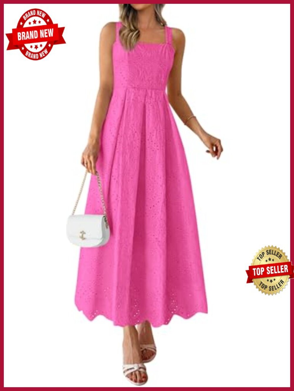 Sleeveless Eyelet Maxi Dress with Pockets Adjustable Spaghetti Straps A-Line